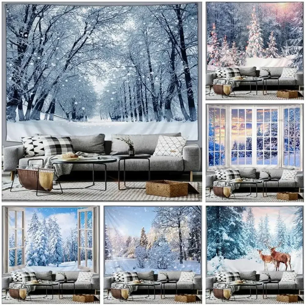 Winter Forest Snow Scene Tapestry Wall Hanging Christmas Tree Happy New Year Bedroom Living Room Patio Wall Hanging Mural Decor