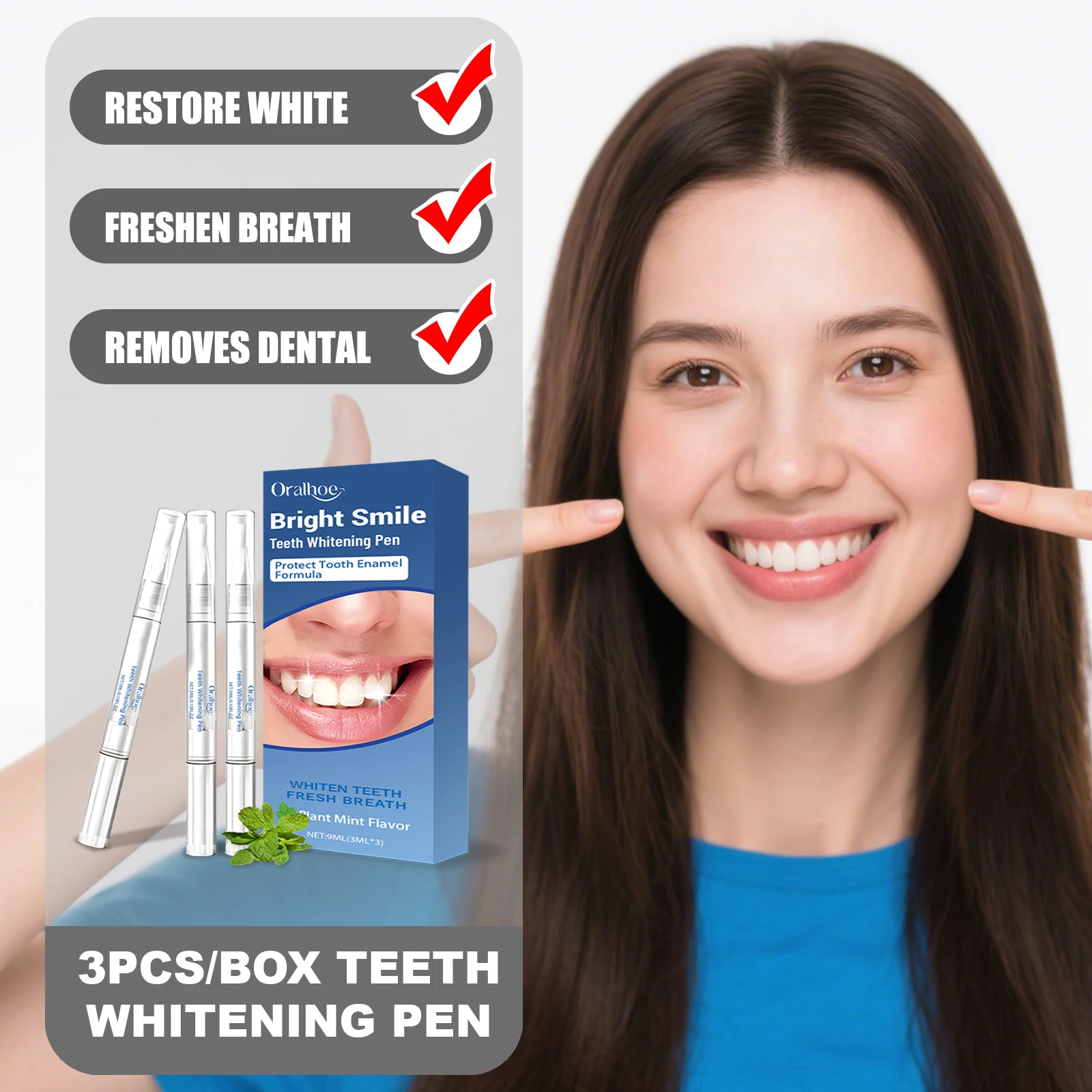 

ORALHOE 3Pcs/Box Teeth Whitening Pen Restore White & Bright Smile Freshen Breath Removes Dental Plaque Reduces Bacterial Growth