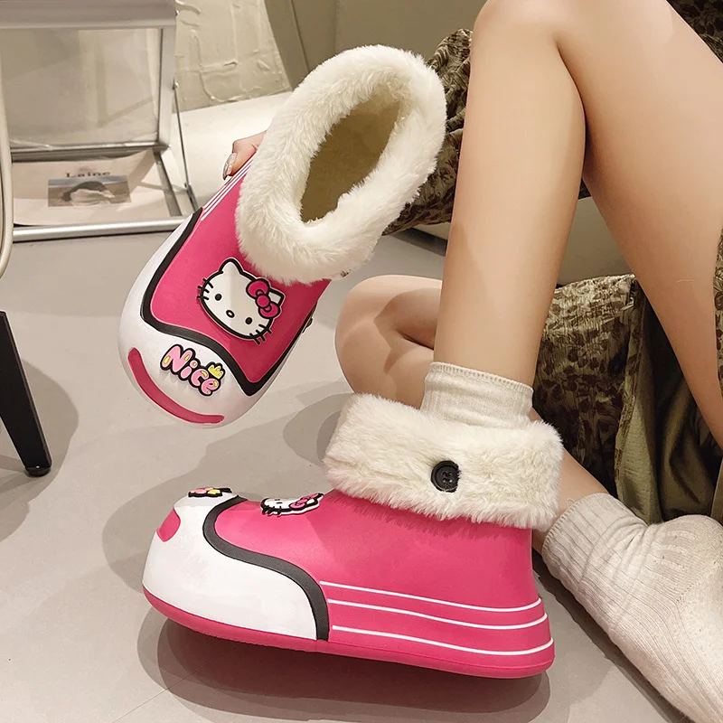 Sanrio autumn and winter Hello Kitty cute warm home women's shoes cartoon waterproof thick-soled outdoor wear velvet cottonboots