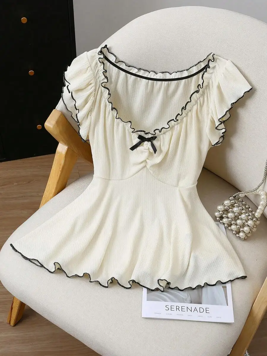 

Cream Ruffled Trim Puff Sleeve Blouse with Bow Detail, Flattering Fit for Spring Summer