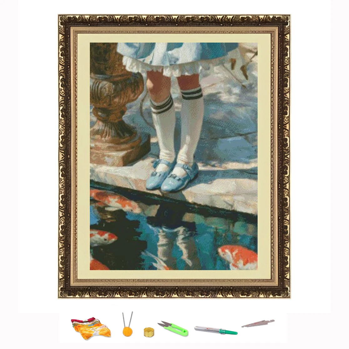 

Вышивка крестиком Девушка за рыбным прудом DIY Набор для рукоделия Украсьте печатную на холсте 11CT