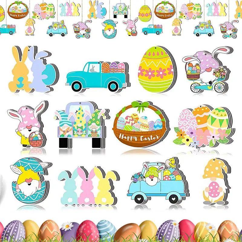 Easter Wooden Ornaments Easter Eggs Bunny Ornament 24 Pieces Spring Hangings Decoration Holiday Easter Decor Easter Tree