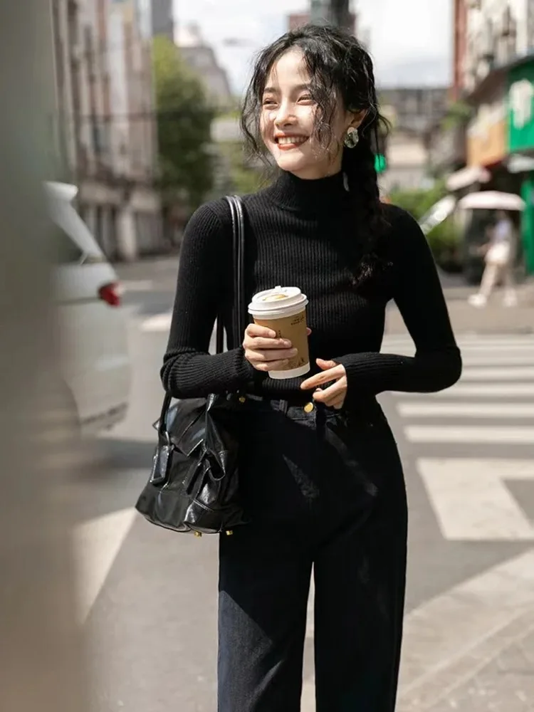 Autumn Winter 2025 Women Sweater Long Sleeve Knitted Turtleneck Ribbed Pull Sweater Soft Warm Femme Jumper Pullover