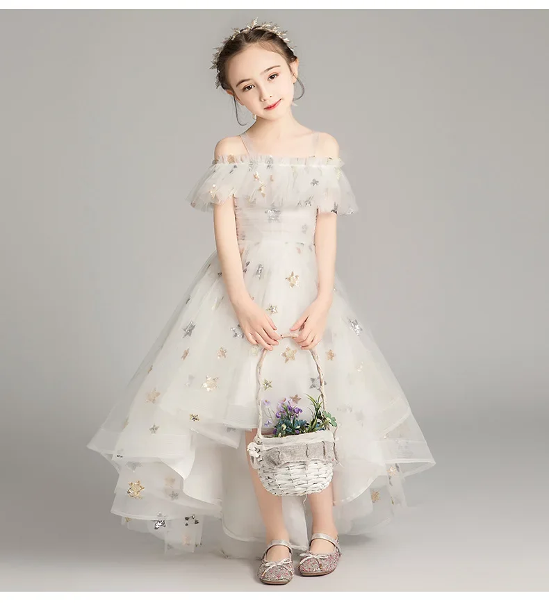 Children\'s Yarn Dress Princess Party Evening Dresses Girls Star Shoulderless Host Piano Performance Dress Kids Wedding Vestidos