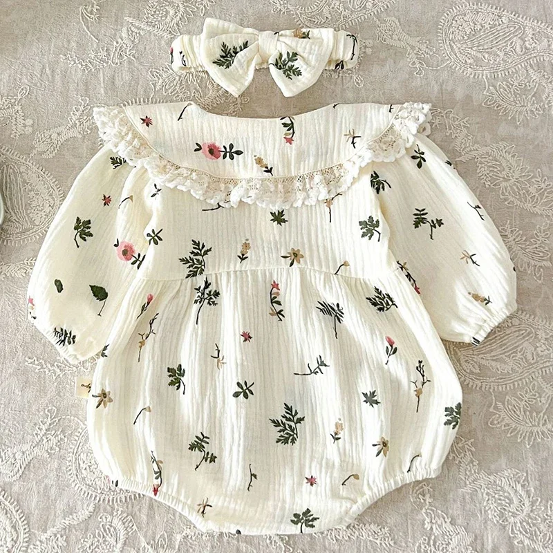 2024 New Autumn Newborn Baby Girls Bodysuits+Hair band Long Sleeved Cotton Print Infant Baby Girls Jumpsuit Children Clothes