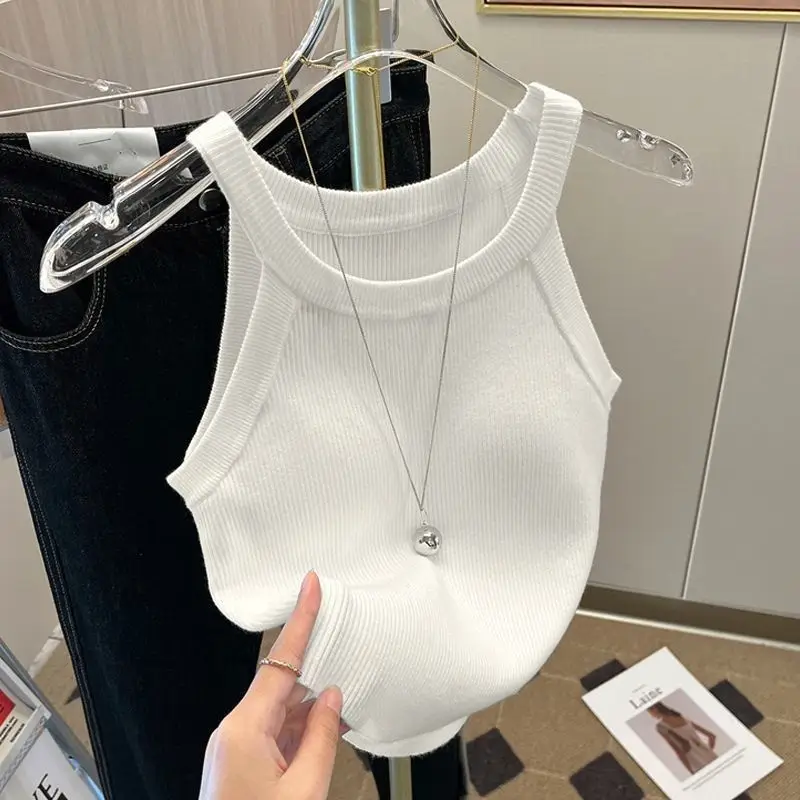 Y2k Knitted U-Neck Suspender Vest Women's Ice Silk Inner Wear Spicy Girl Camis Halter Retro Sleeveless Tank Crop Top image 6