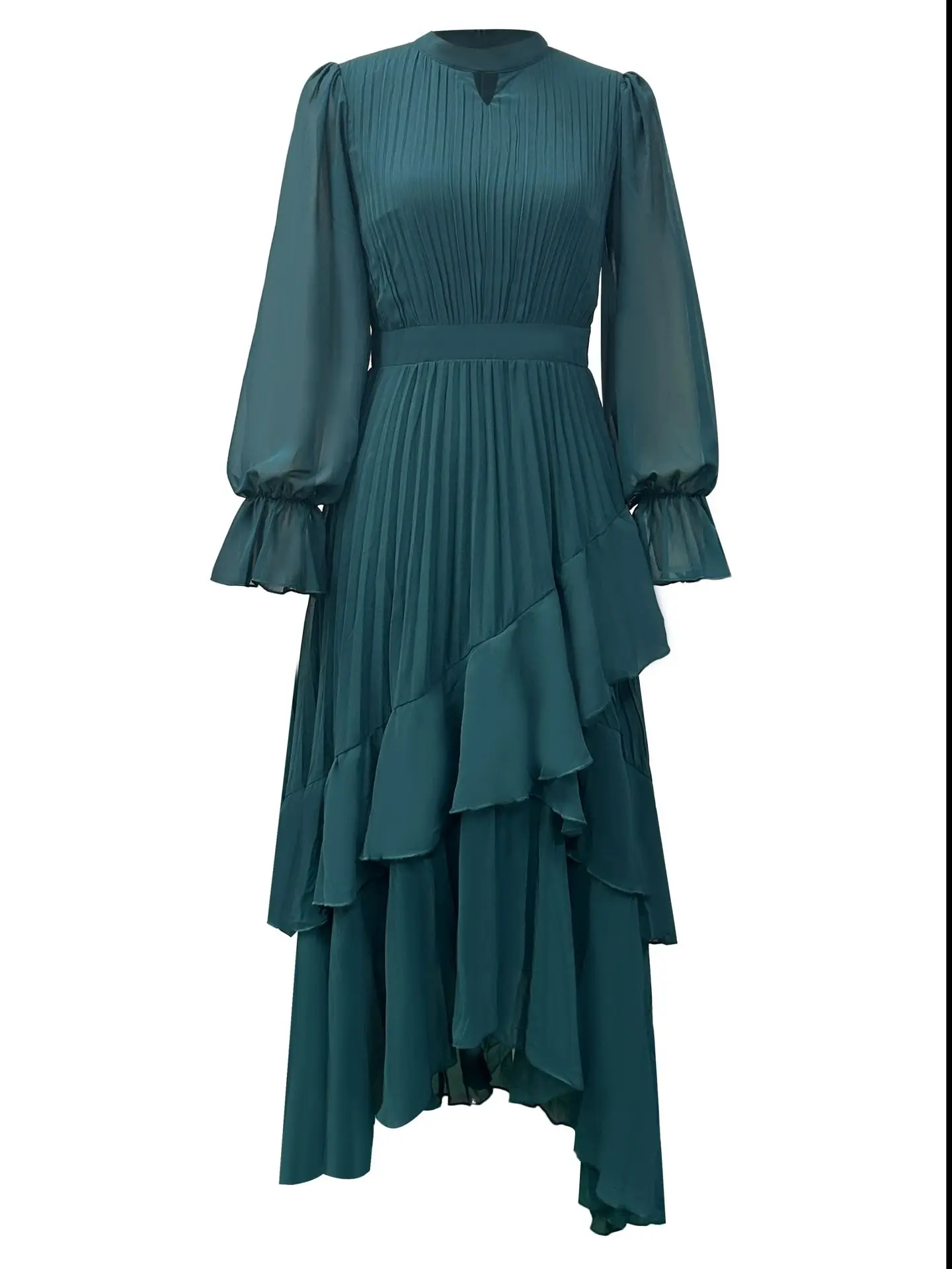 LGRQ 2026 Summer New Solid Color High Waist Dress With Ruffled Hem And Pleats Mid-Length Party Evening Gown