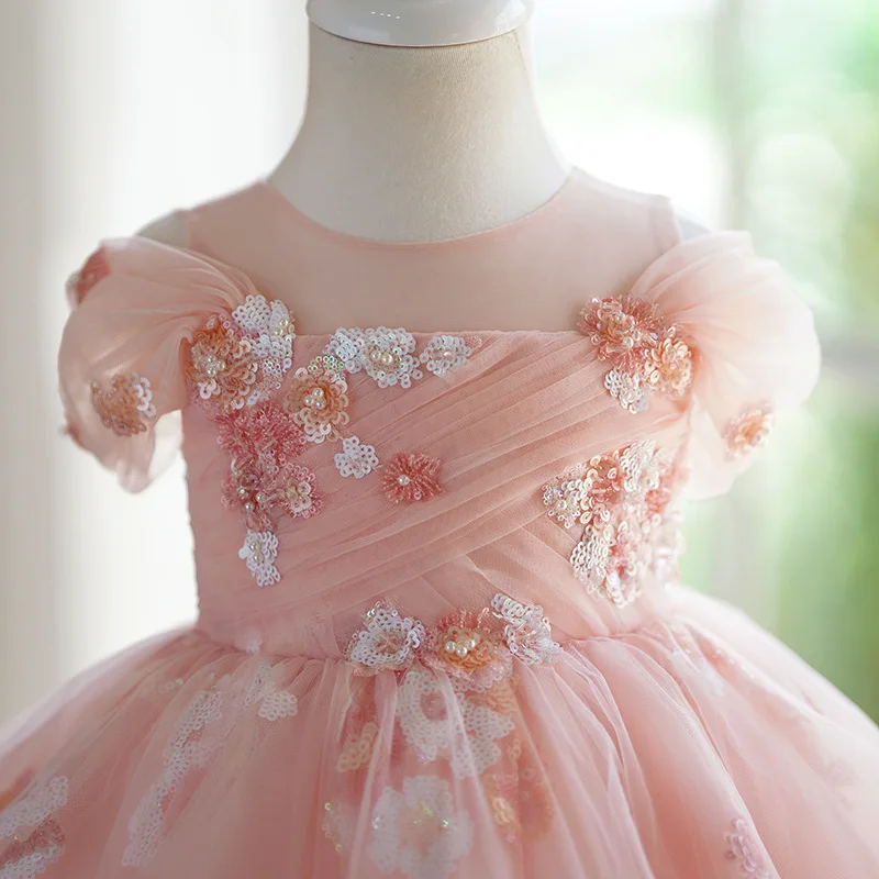 Personalizado o pescoço doce lantejoulas cintura fina flor meninas vestidos de baile princesa vestidos puff manga em camadas crianças aniversário pa