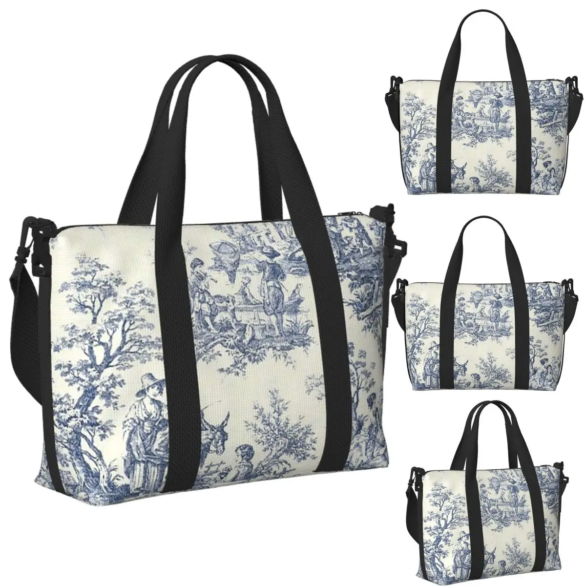 

Powder Blue French Toile Picnic Design Beach Travel Bag Large Capacity Tote Bags for Gym Women Shopping Duffle Shoulder Bag