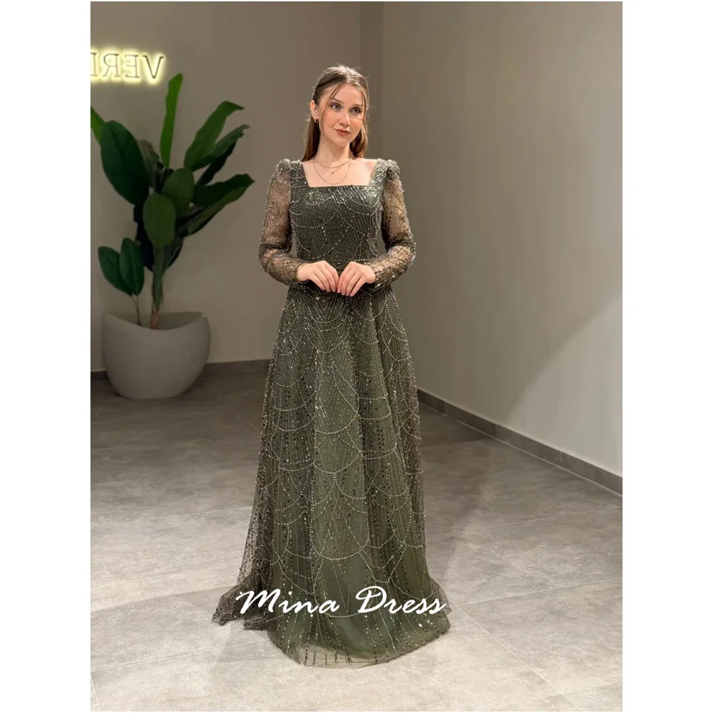 

Mina Customized Beads Women's Elegant Dresses for Special Occasions Sequin Square Collar Arabic Evening Dress Luxury Party Dress
