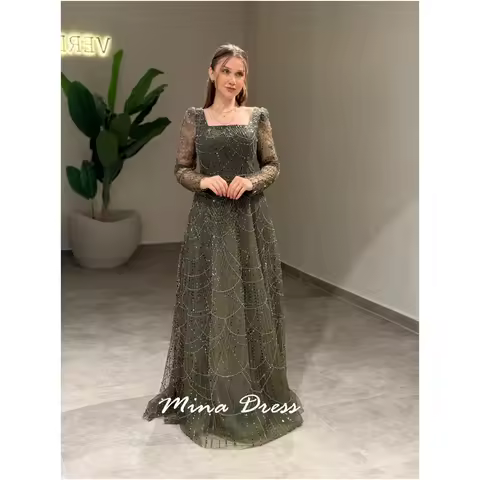 Mina Customized Beads Women's Elegant Dresses for Special Occasions Sequin Square Collar Arabic Evening Dress Luxury Party Dress