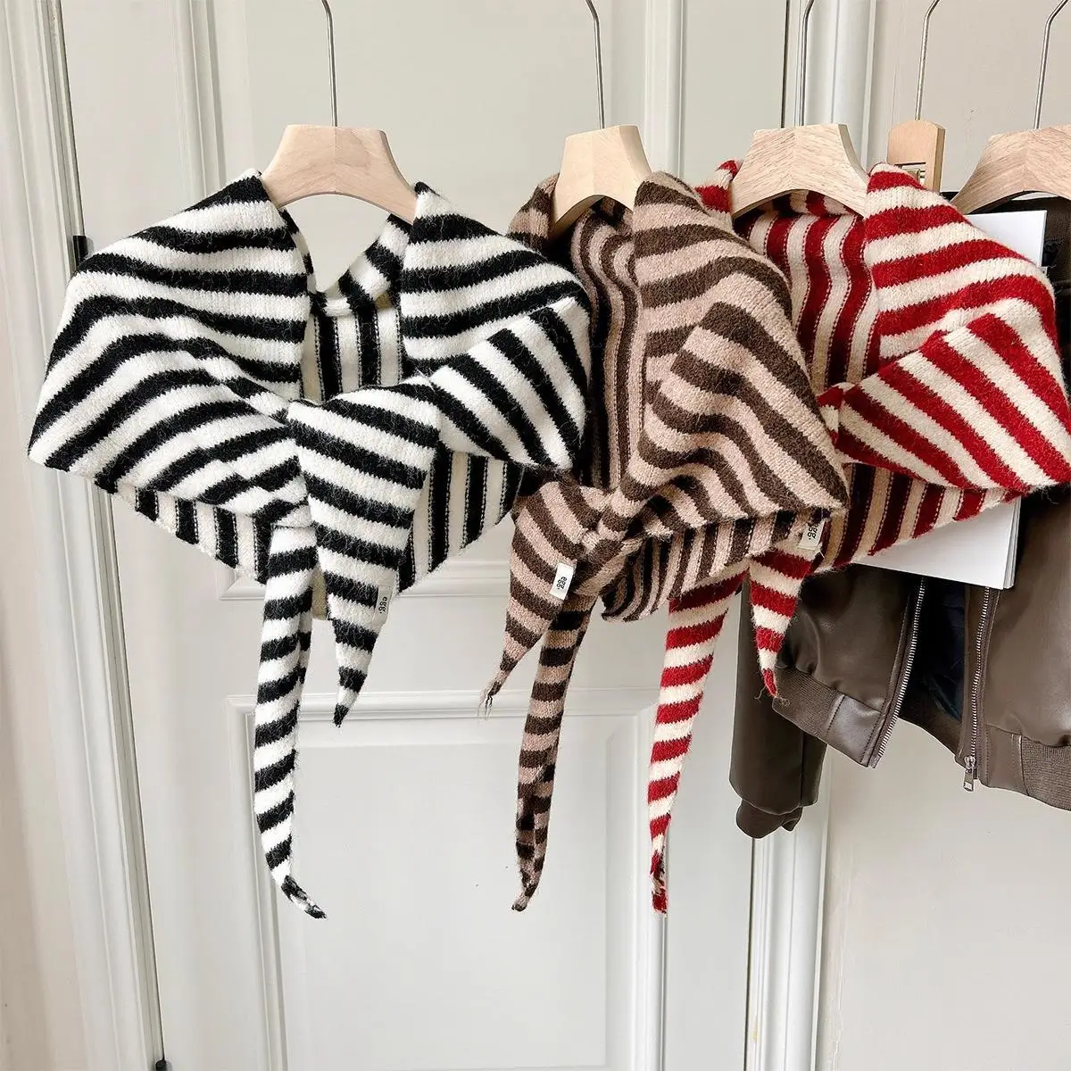 

Colorful Striped Woolen Triangular Scarf Winter Warm Soft Knitted Scarf Korean Trend Collar Scarves Multi-Functional Small Scarf