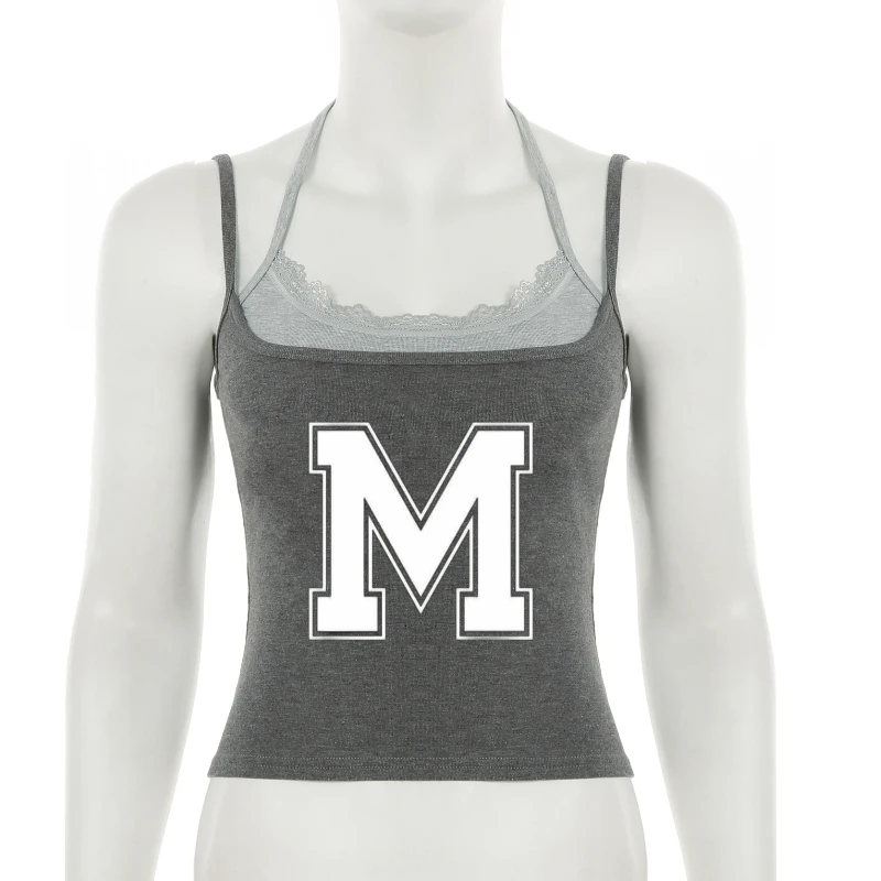 

2025 annual leave two-piece vest Y2K casual street letter M print comparison vest Korean style soft sleeveless top short girl