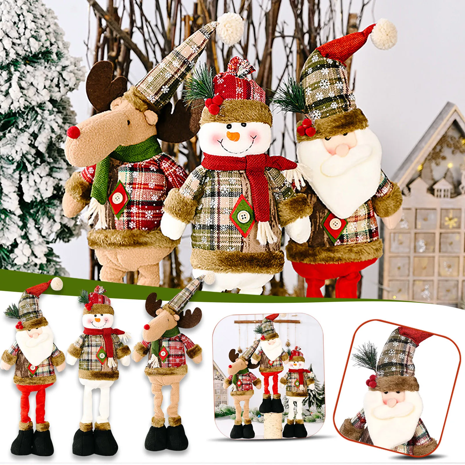 New Christmas Retractable Doll Ornament Elk Snowflake Plaid Lattice Cloth Fabric Retractable Doll Window Decoration navidad