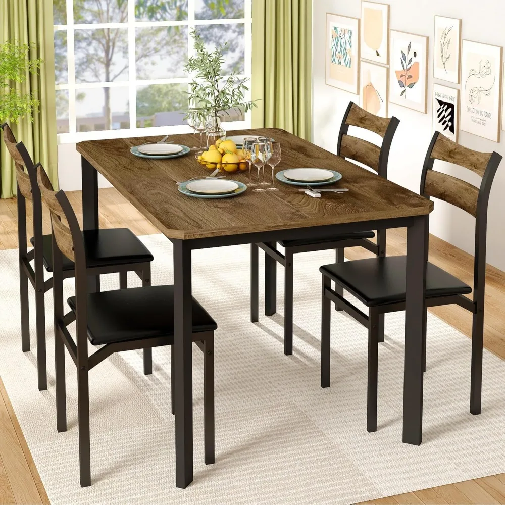 

Dining Table Set for 4, 43.3" Dining Room with 4 Upholstered PU Leather Chairs, Modern Wood Table and Chairs Set, 5-Piece Dinet