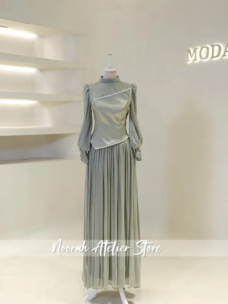 فساتين سهرة إسلامية فاخرة أنيقة جديدة بلون الشمبانيا H N شيفون 2025 دبي بأكمام طويلة فستان حفلات إسلامية مخصص