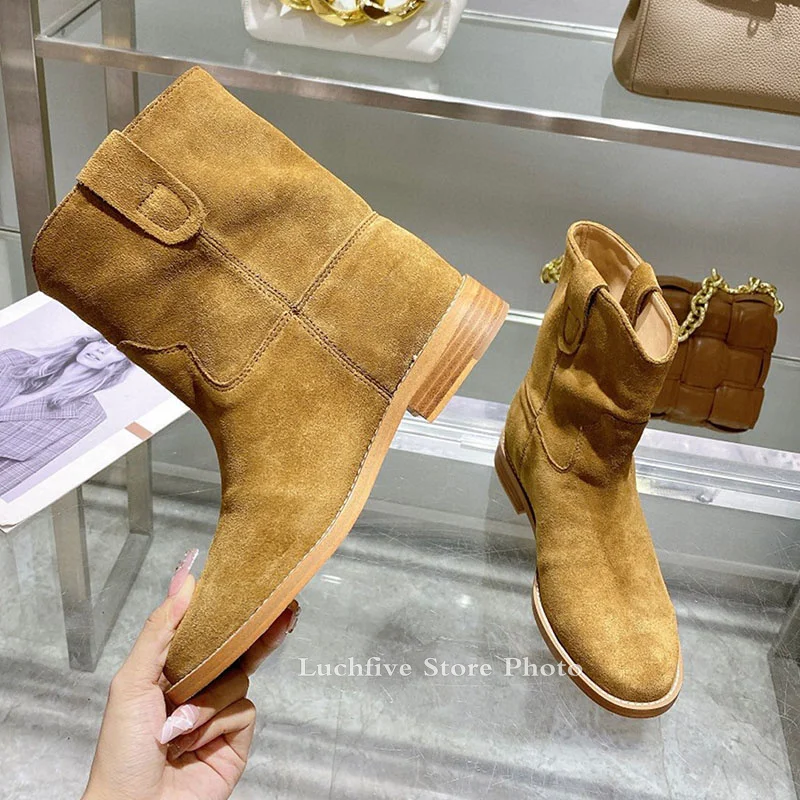 Winter Classic Chelsea Boots for Woman Real Suede Round toe Wedges heel Ankle Boots Simple Comfortable Cowboy Boots female