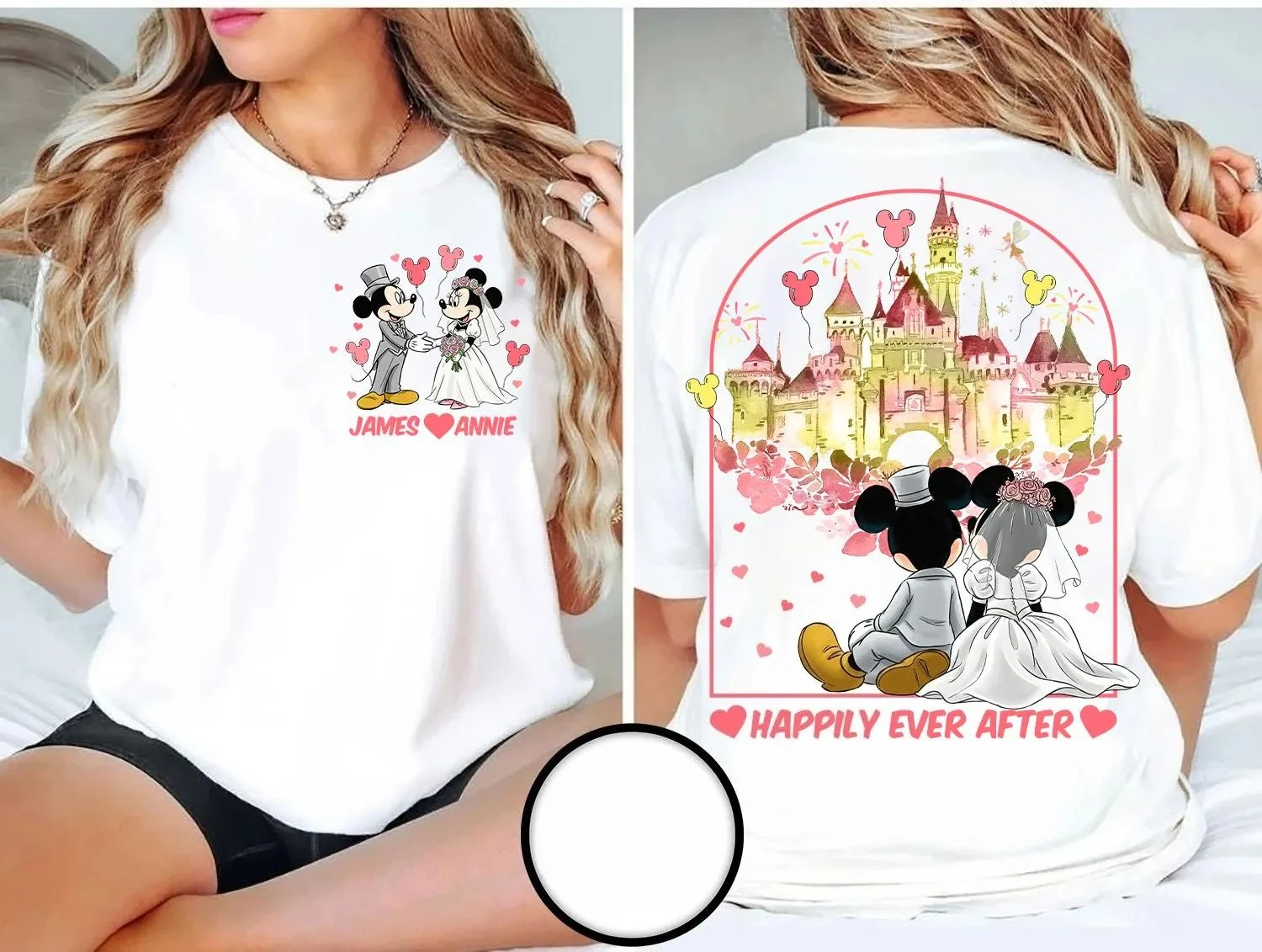Dwustronna koszulka dla par z motywem Myszki Miki i Minnie, z napisem \\\\\\\"Happily Ever After\\\\\\\", koszulka ślubna Disney, koszulka dla świeżo upieczonych, koszulka na miesiąc miodowy.