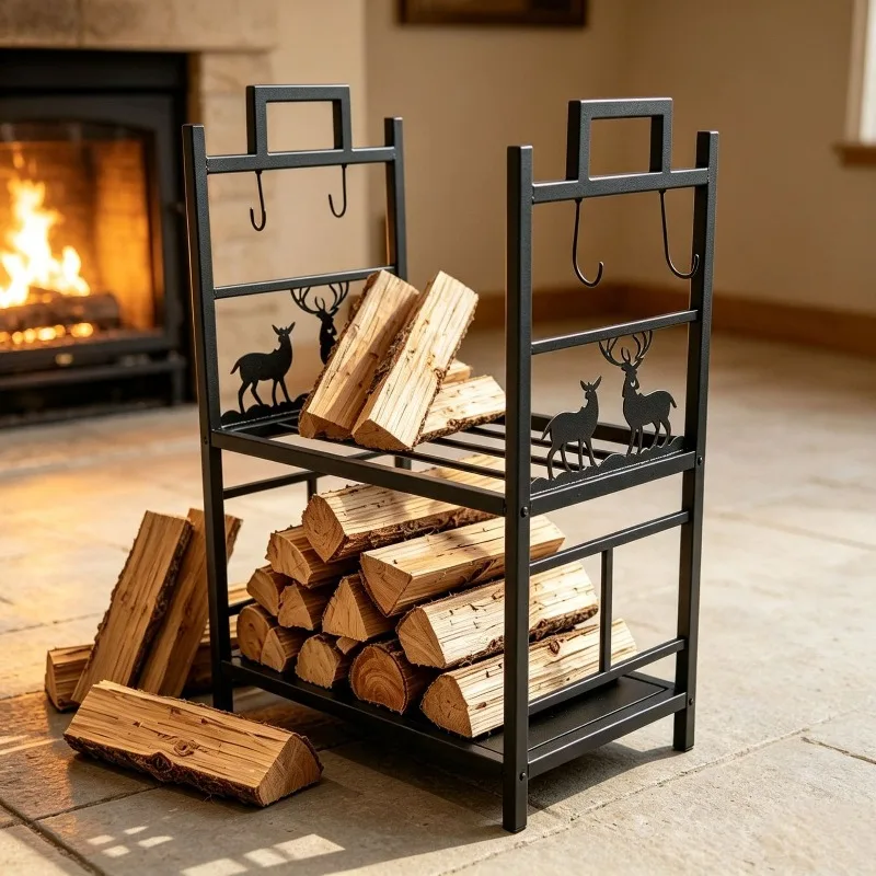 Match storage rack next to wrought iron indoor fireplace Double-layer firewood rack with hook fireplace tool storage rack