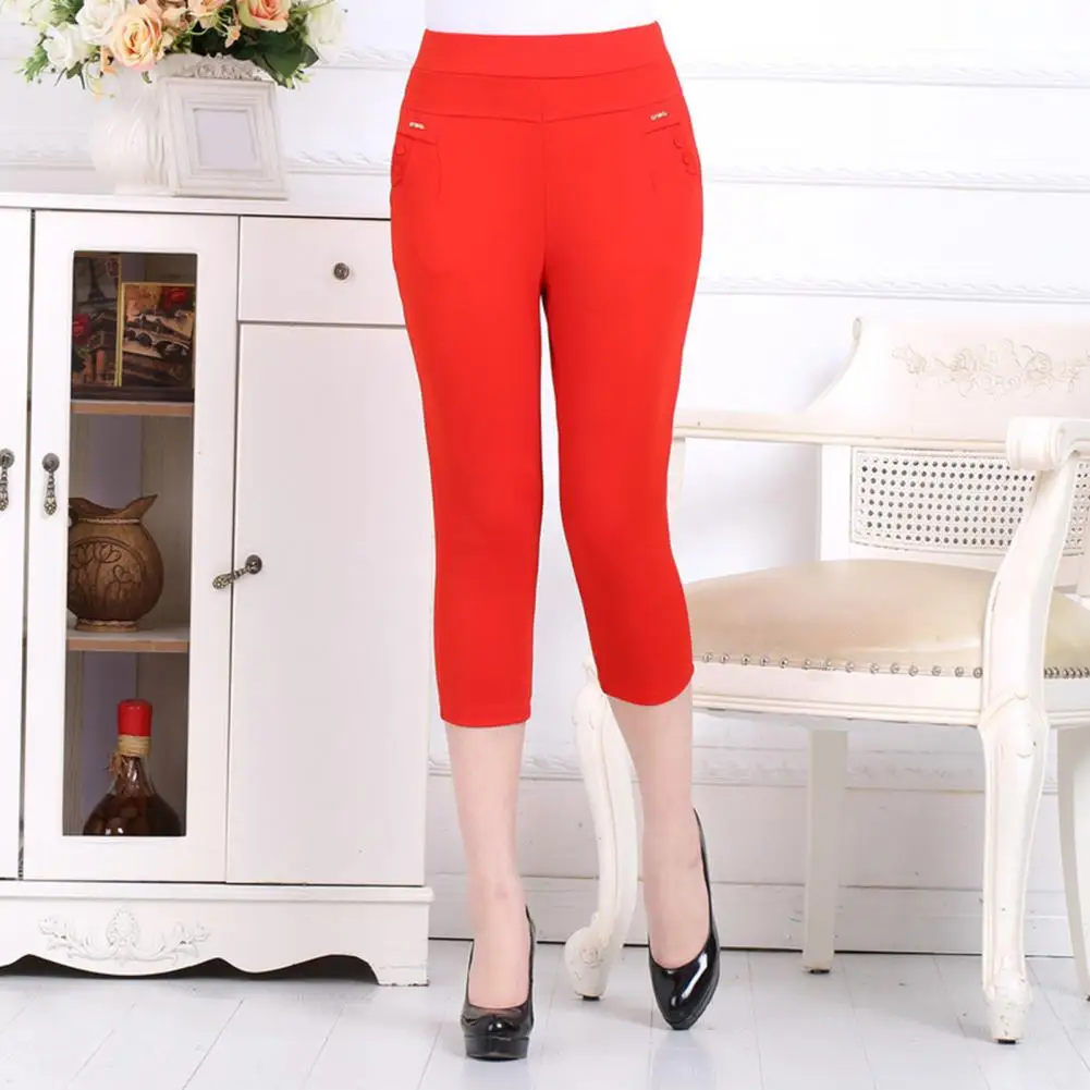 

Women Cropped Pants High Waist Cropped Pants for Middle-aged Women Slim Fit Trousers with Pockets Solid Color for Streetwear