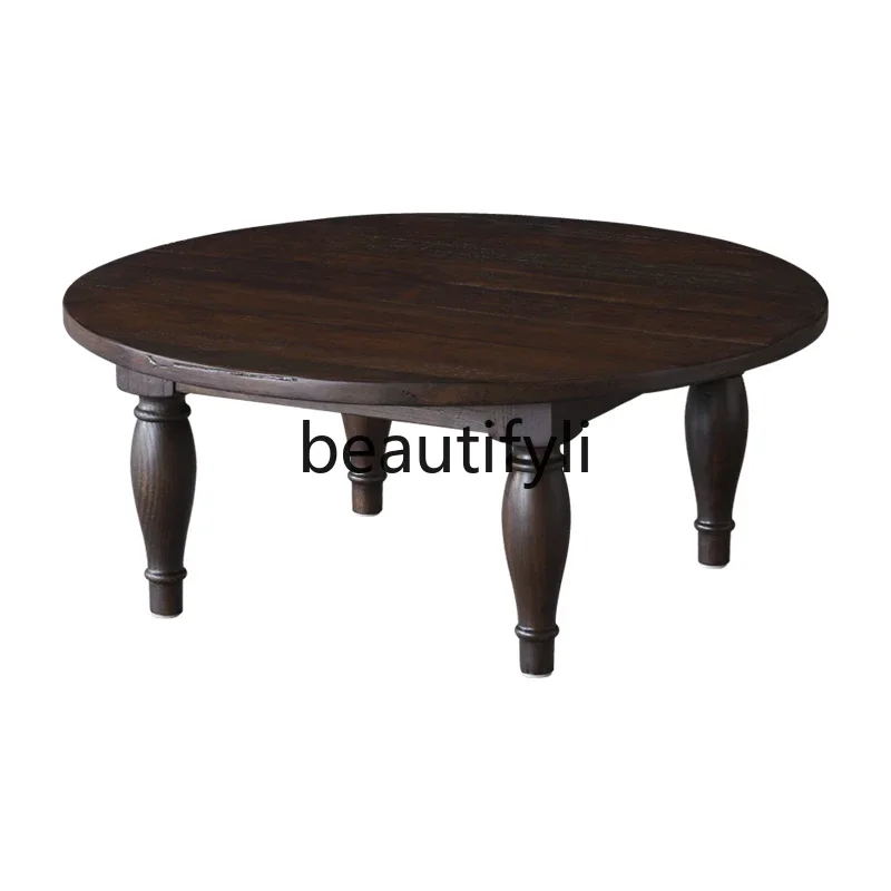 

Wabi-sabi wind old wood antique old round coffee table low table retro brown solid wood round sofa edge table