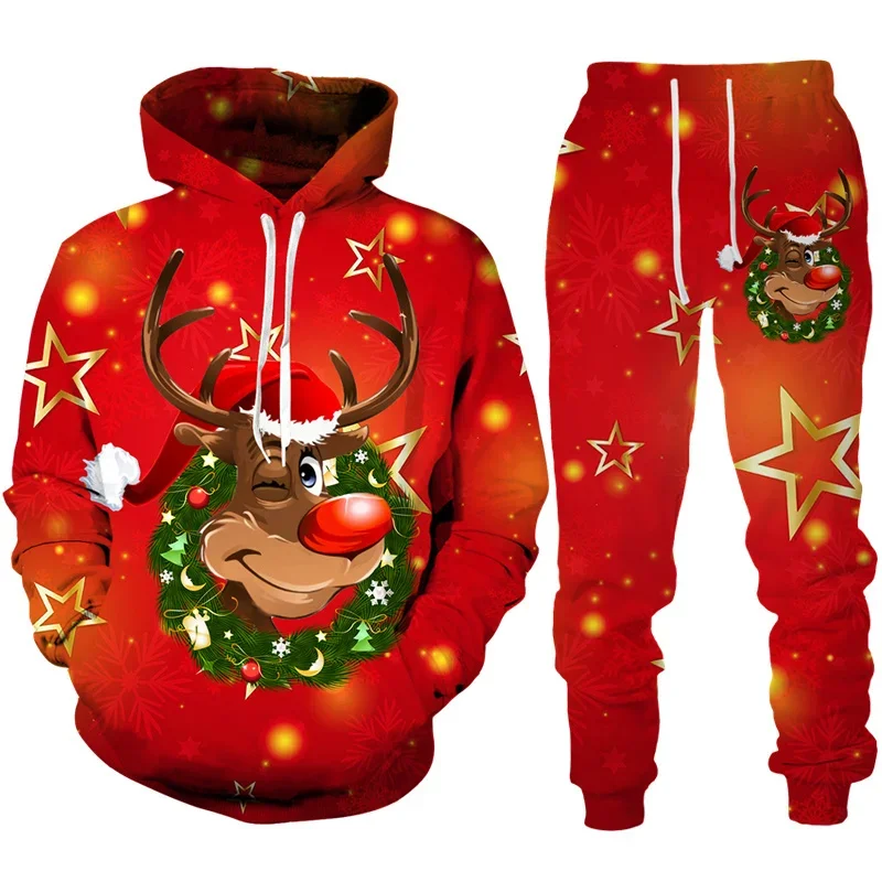 3D Print Hoodies Suit Christmas Santa Claus Man Woman Tracksuit Pants 2pcs New Year Party Casual Pullover Oversized High-quality