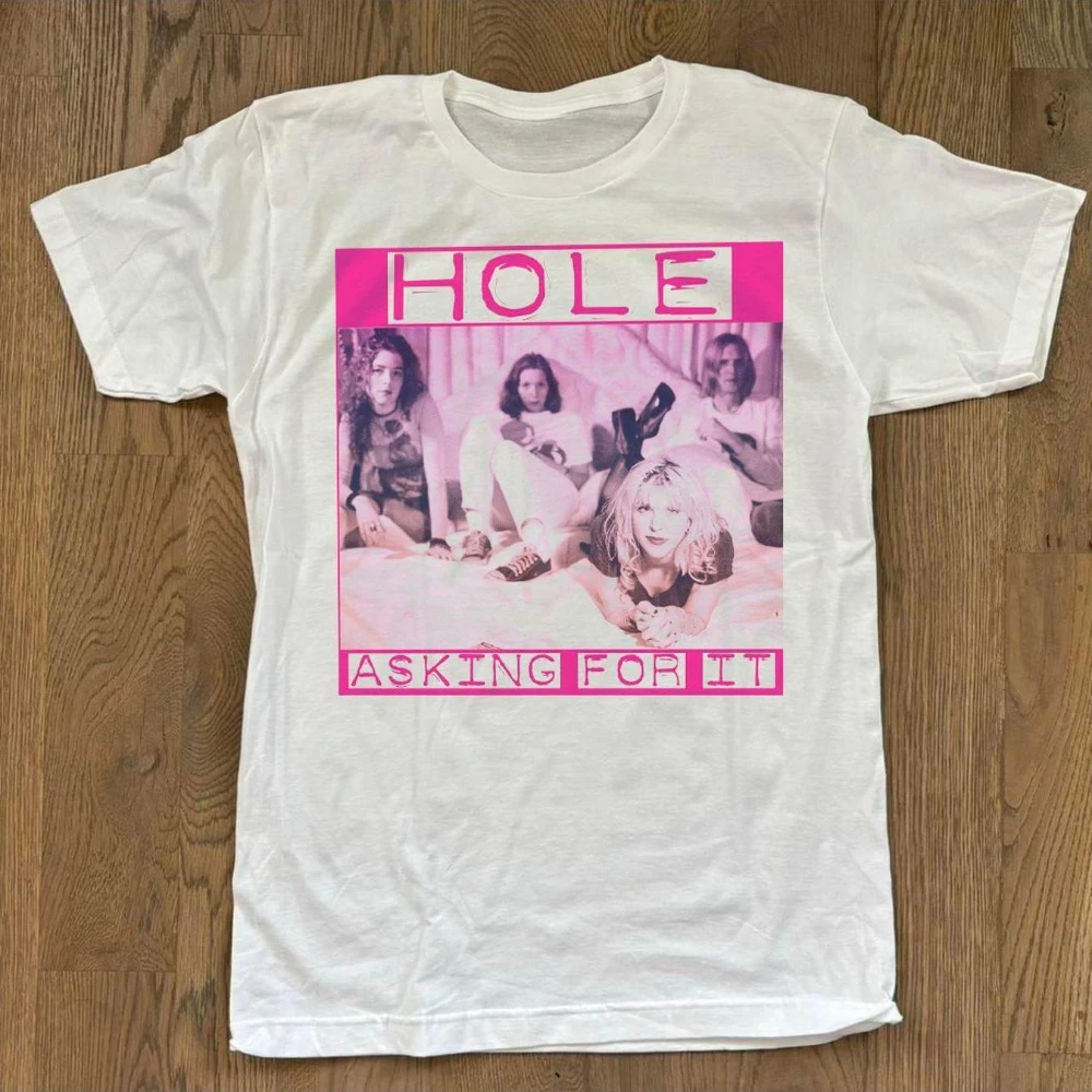 HOLE Band Asking for It 90s Graphic T-Shirt Rare Replica Band T-shirt with Pink Lettering and Iconic Photo Print Tee