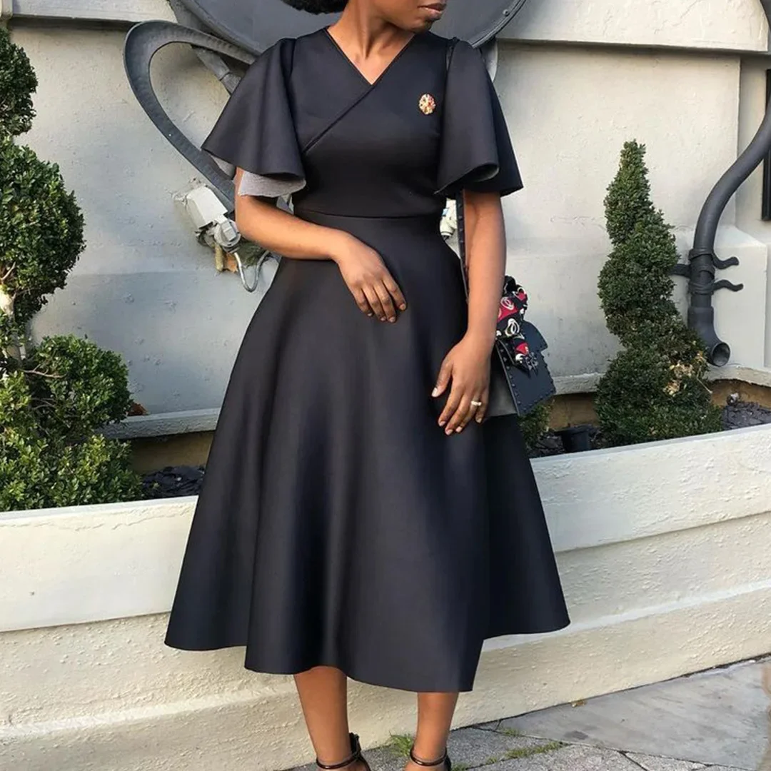 

Summer Fashion African Women V-neck Polyester Short Flare Sleeve Red Black Pink Knee-length Dress African Dresses for Women