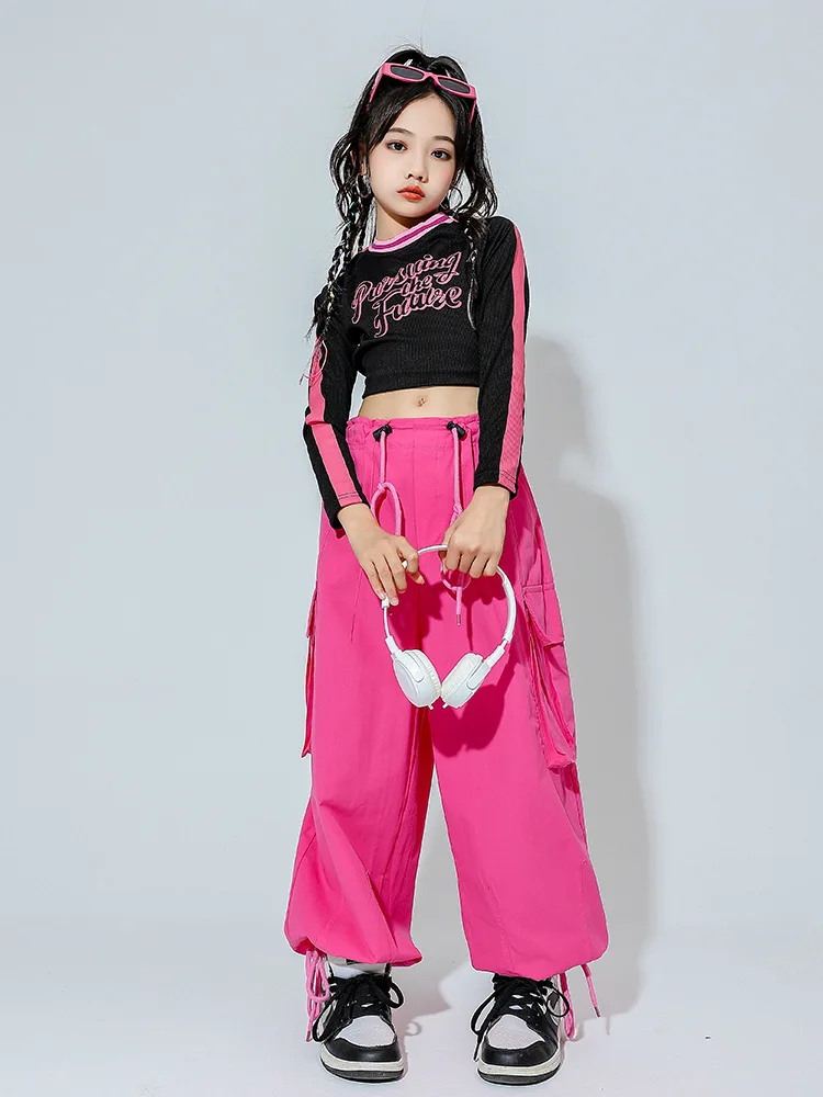 Jazz Dance Girls Costume Sets Children Printed Long Top Rose Joggers Cargo Pants Kids Hip Hop Street Performance Clothes