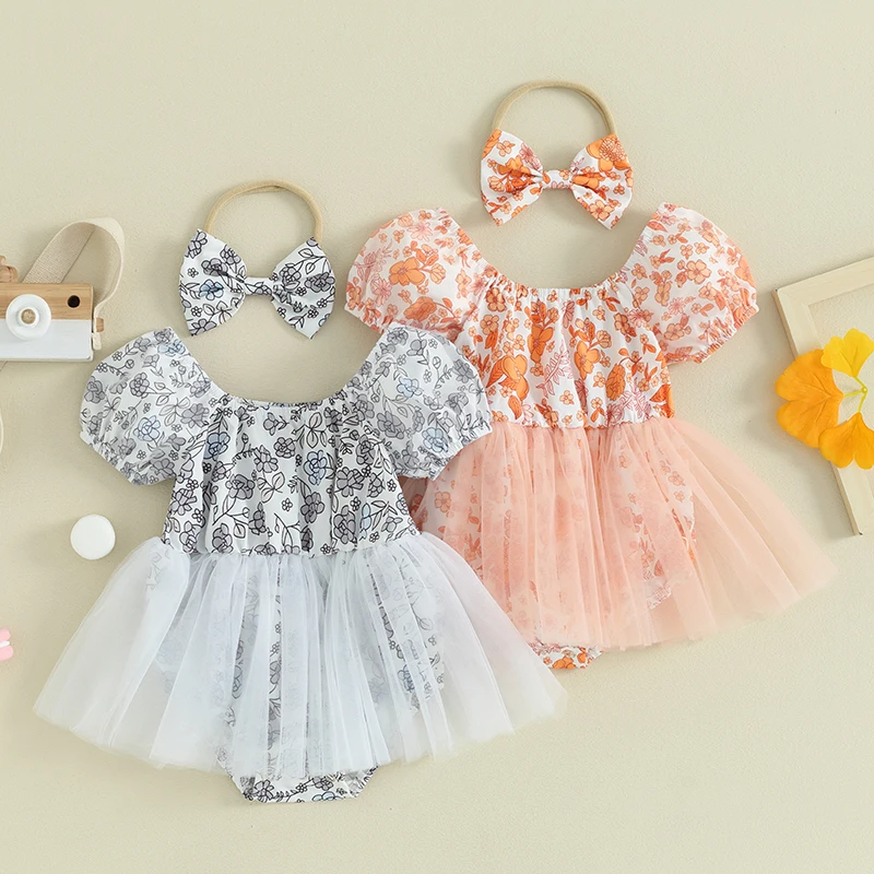 

Toddler Baby Girls Rompers Dress Flower Print Short Sleeve Mesh Tulle Skirt Hem Infant Bodysuits Summer Clothes with Headband