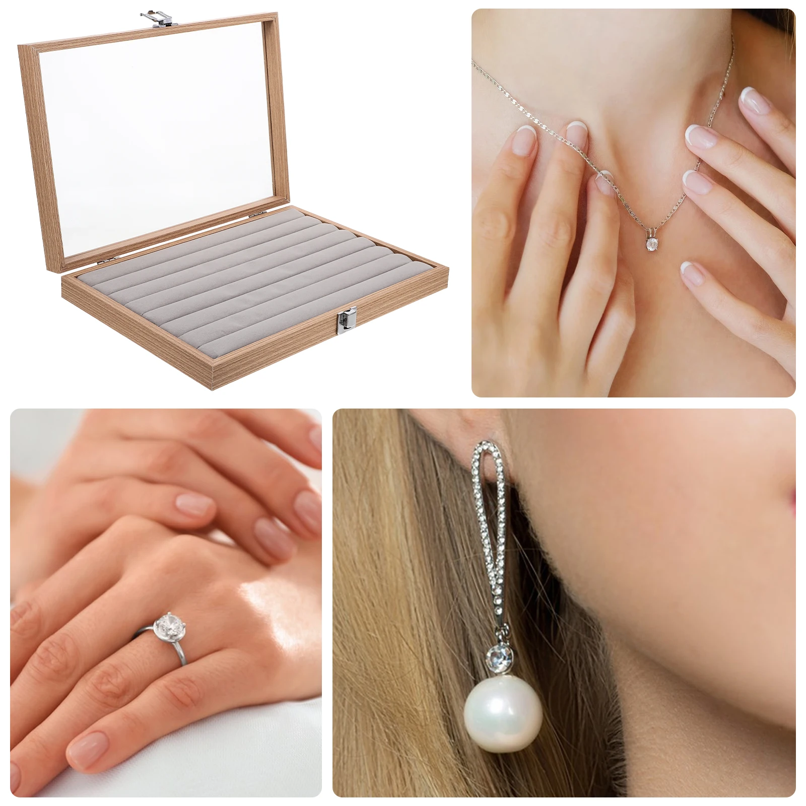 

Wooden Jewelry Box 12 Grids Large Necklace Earring Ring Storage Display Case Clear Lid Organizer Home Store Show Dustproof Multi