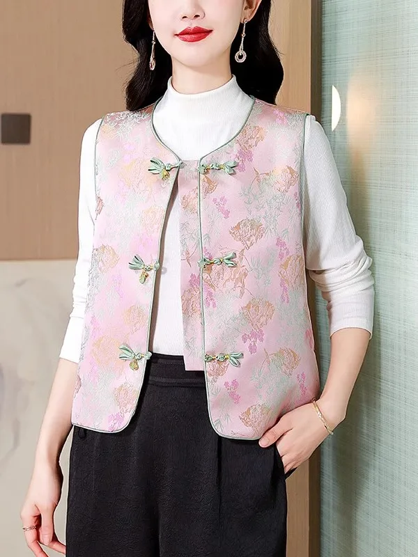 

Retro Chinese Style Women's Vest Spring Autumn New Fashion Outerwear Button Backless Design Polyester Fiber round Neck