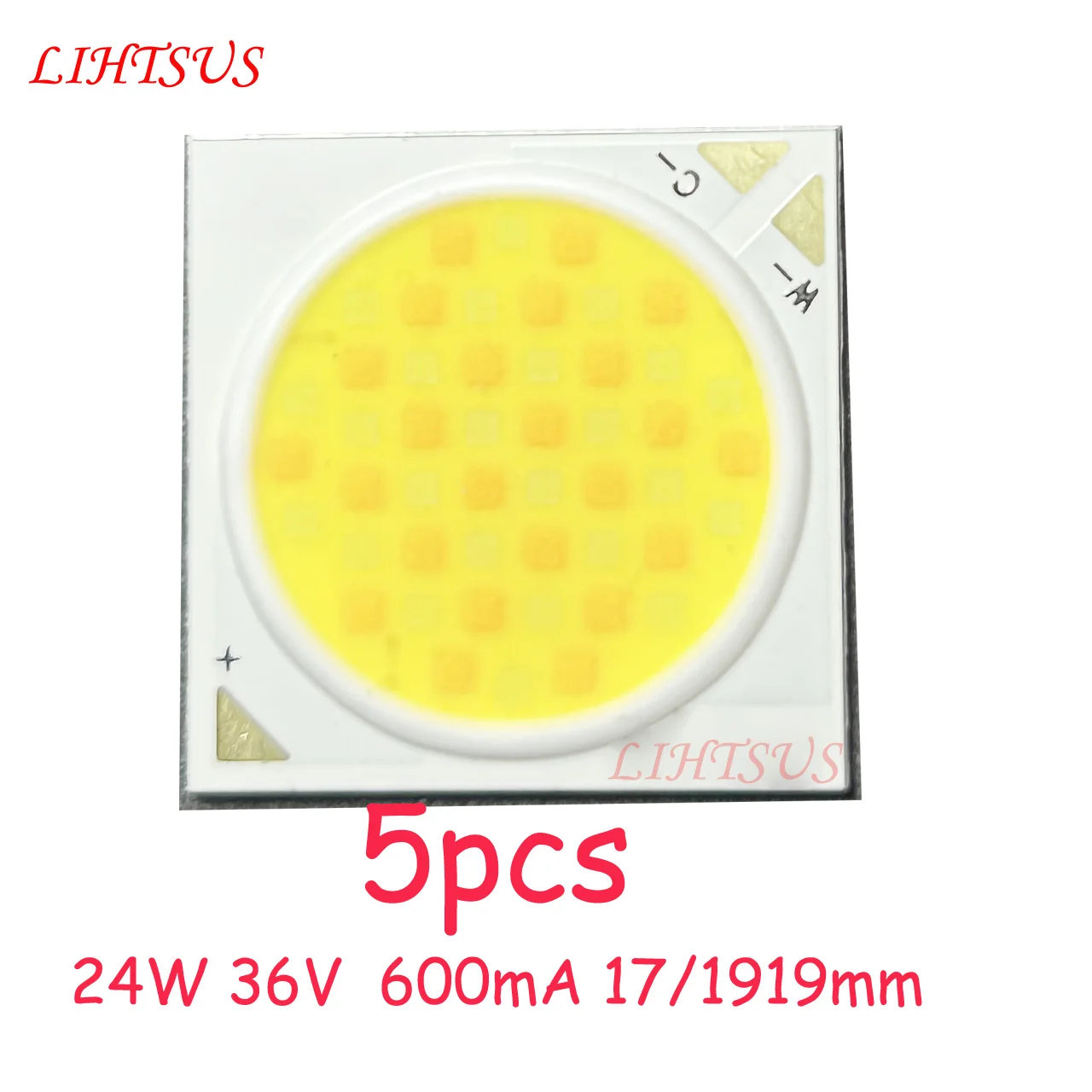 

5pcs 24W Dimmable COB LED Chip 1919-17mm 2700/6000k Ra90 COB Chip High Power High Brightness LED Beads Chip