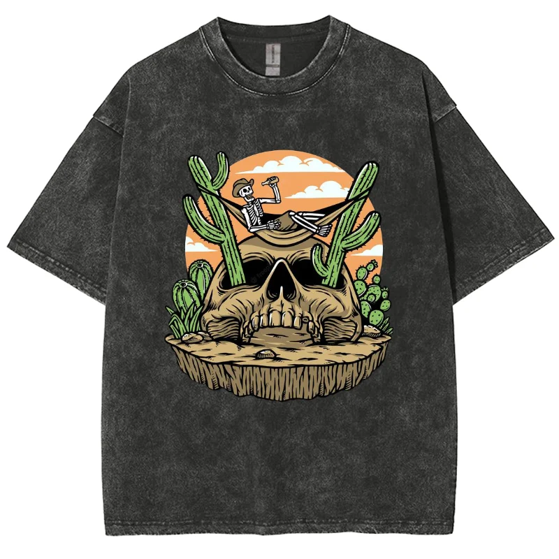 Cartoon Desert Skull Print Women's T-Shirt Breathable Cotton Short-Sleeved Washed Retro Hip Hop Hoodie Loose Sportswears