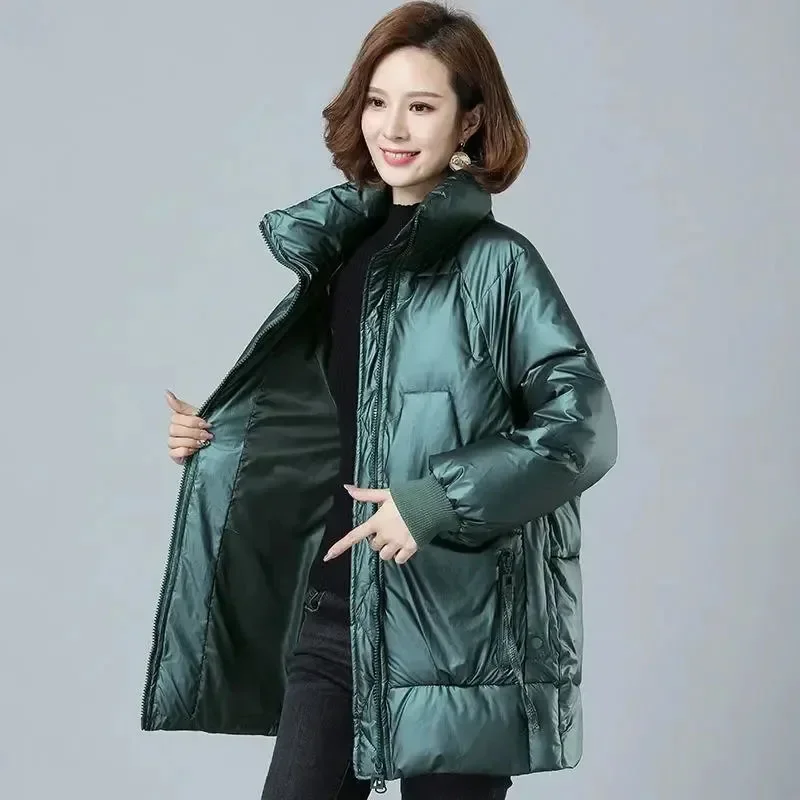 Koreanischer modischer langer Daunen-Baumwollmantel für Damen, lockere, dünne, warme Steppjacke, weiblicher Stehkragen-Parker-Mantel, blau, neu, Wi