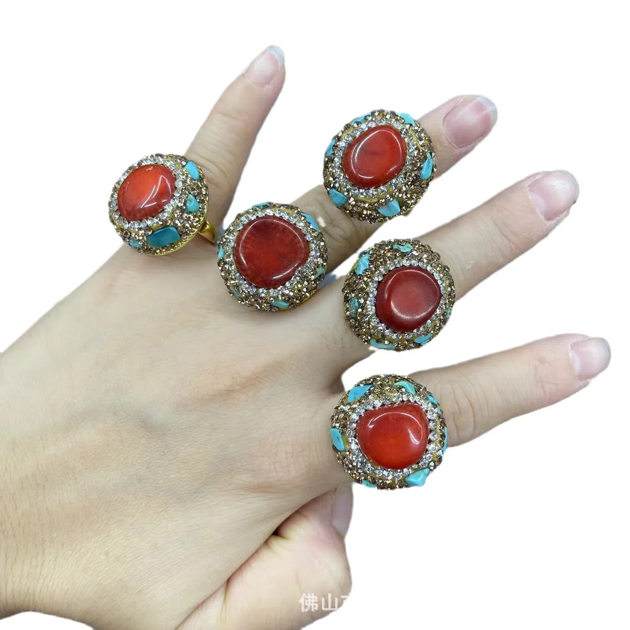 Ethnic style ring red inlaid turquoise ring Internet celebrity the same exquisite fashion ring European and American