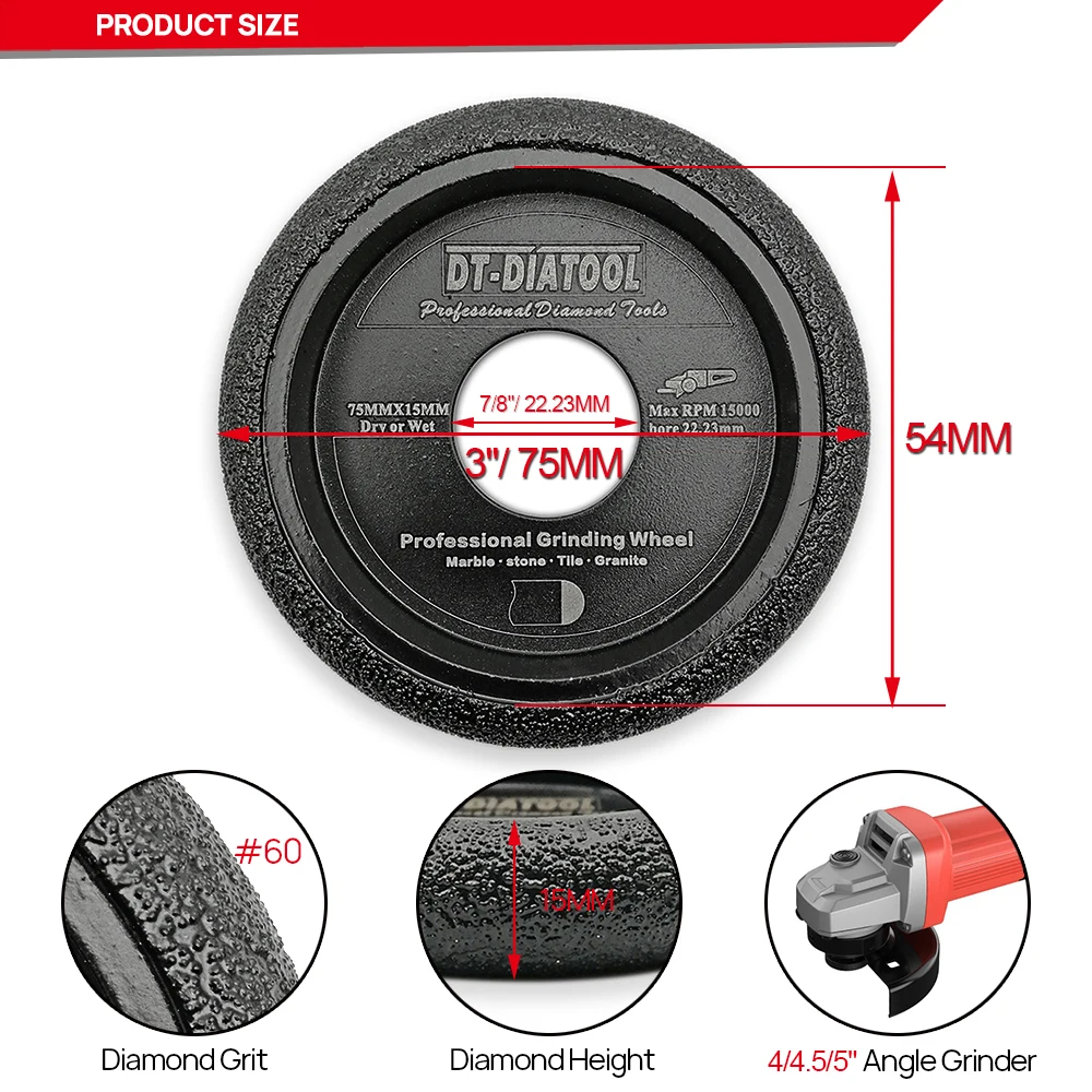 DT-DIATOOL 2 szt. 75mm/3inch lutowana próżniowo diamentowa tarcza szlifierska szlifowanie wypukłe koło o grubości 15mm