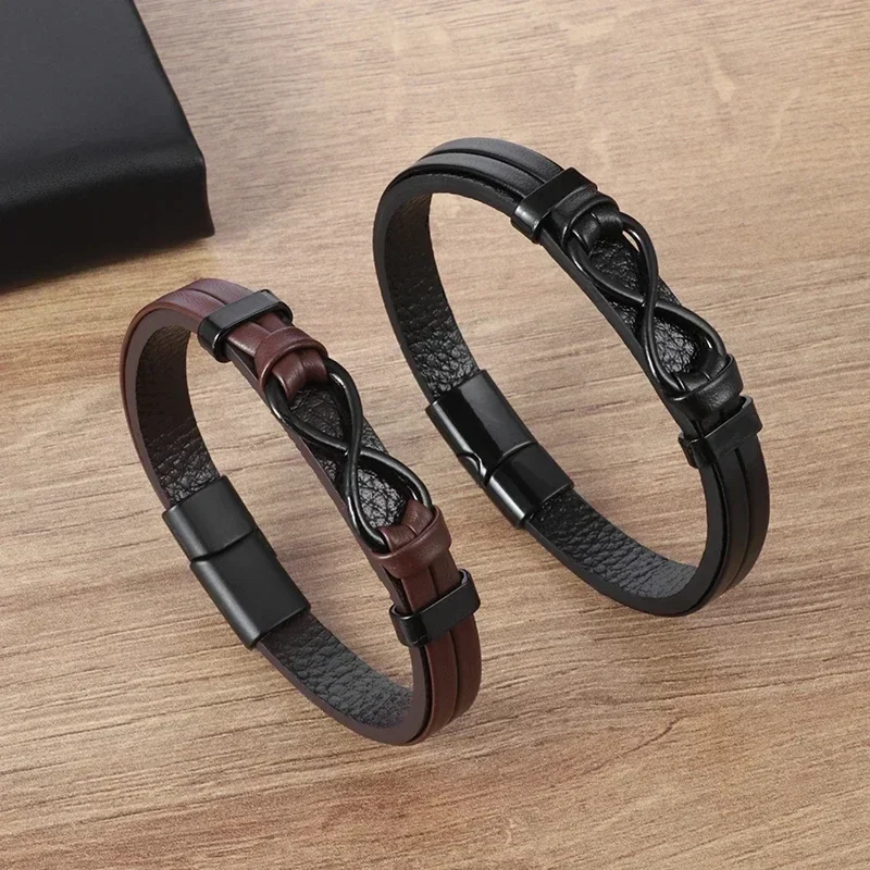 Classic Infinity Logo Handmade Single Layer Leather Bracelet with Magnetic Clasp Men\'s Fashion Business Casual Party Jewelry Gif