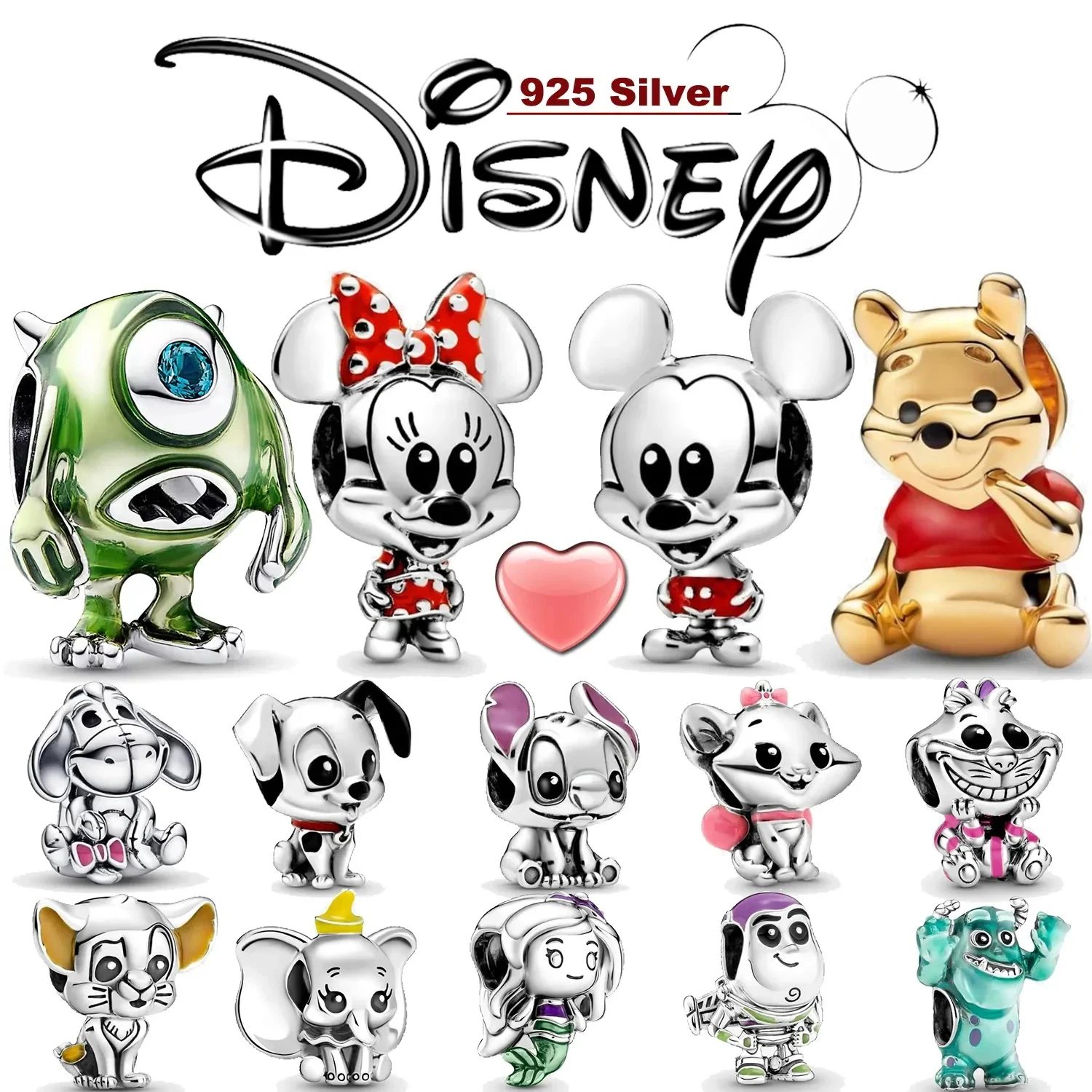 Disney-abalorio de plata 925 para pulsera Pandora Original, cuentas de Mickey, Minnie, Dumbo, Mickey, Minnie, Stitch, 100