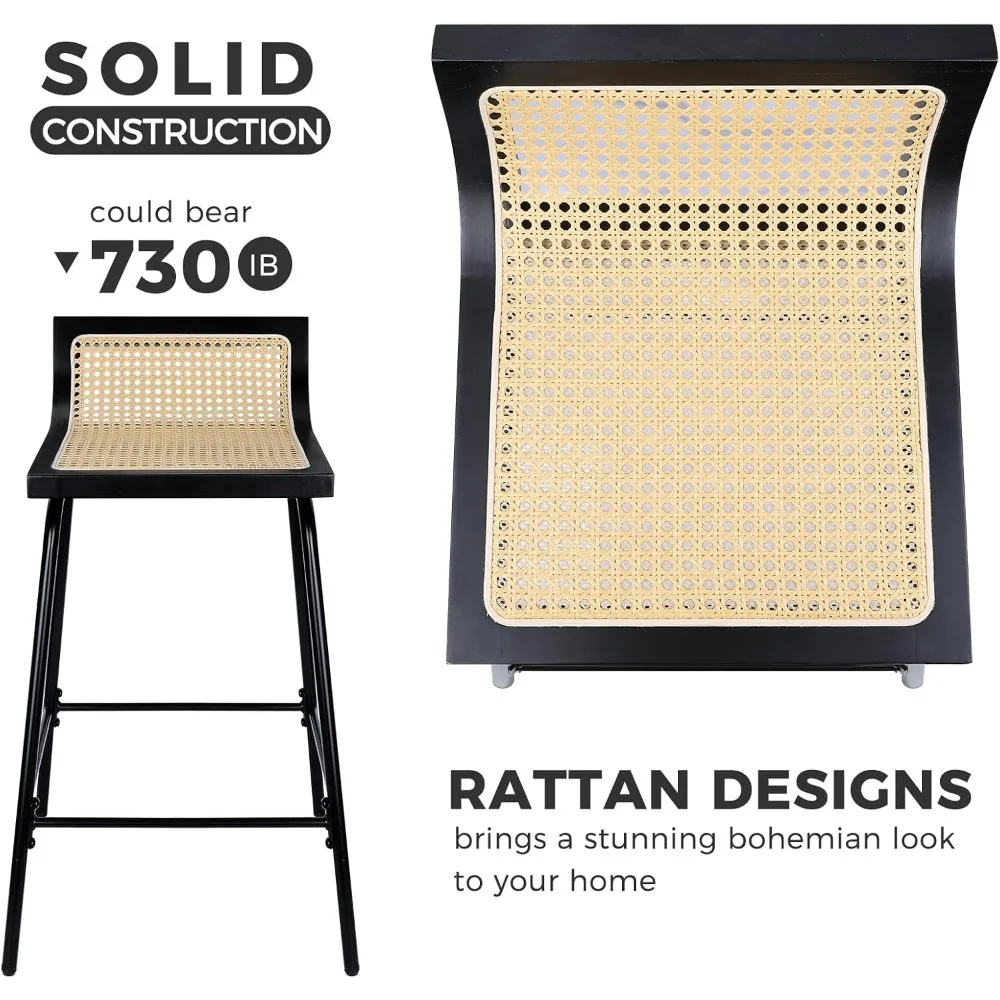 Kursi Bar Counter Height Set 2, 24 Inci Kursi Bar Rotan Boho Kursi Makan Modern Abad Pertengahan Kursi Bar Logam Anyaman