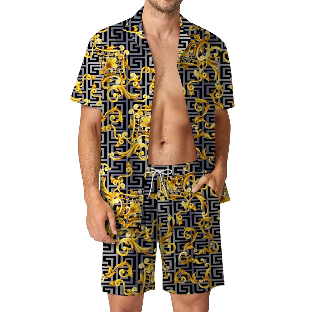 Luxurious and handsome men\'s Hawaiian beach set, short sleeved shirt and shorts, casual summer vacation travel set