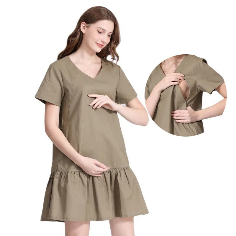 

New Maternity Dress Spring Summer Trendy Pregnancy Solid Color V-neck Short-Sleeve Nursing Dresses For Pregnant Women