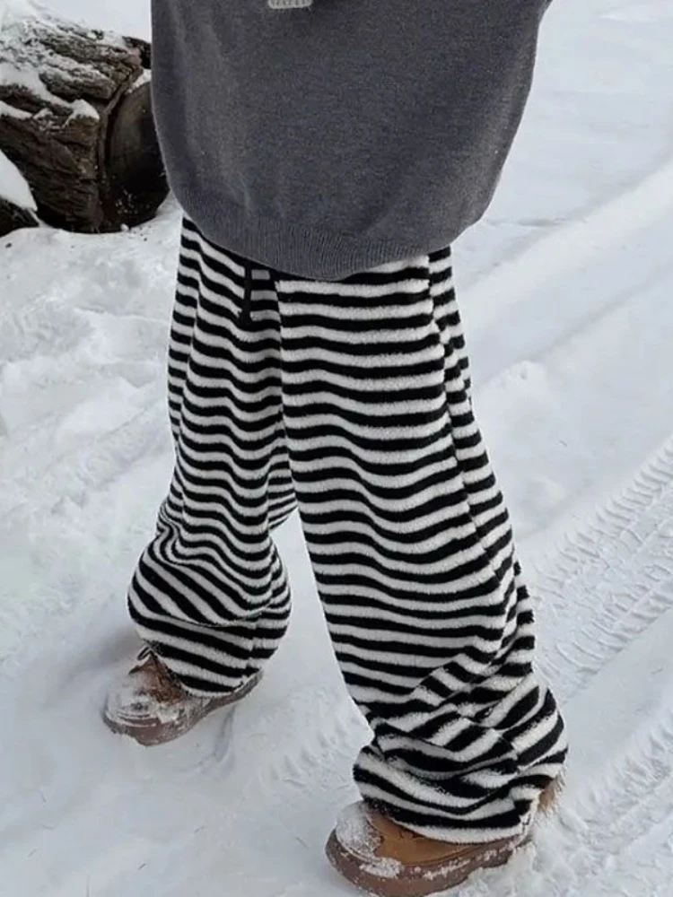 

HOUZHOU Striped Basic Women Fleece Pants Wide Leg High Waist American Vintage Straight Trousers Oversized Casual Thick Winter