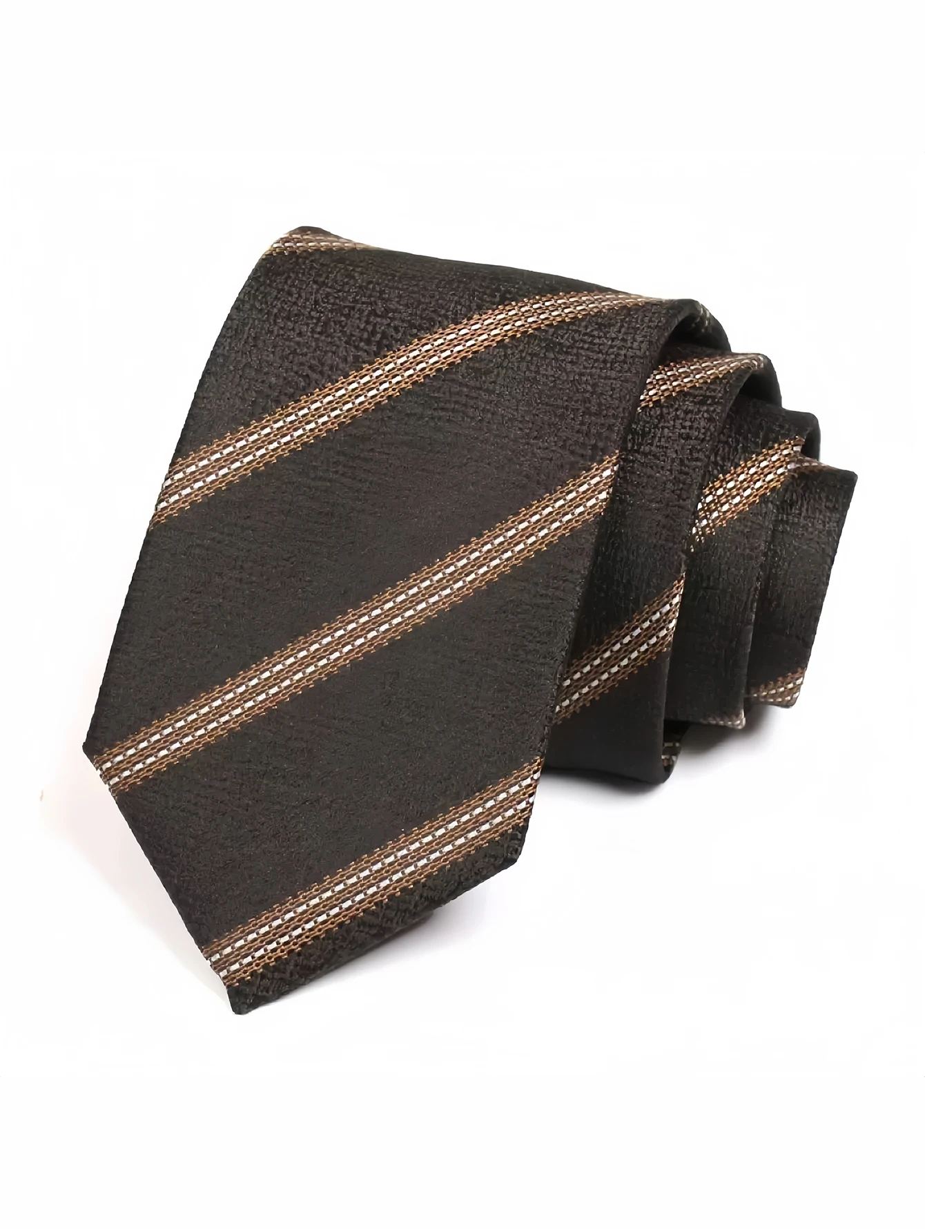 Eine handgefertigte, unisex, kaffeebraun gestreifte, handgebundene Krawatte im klassischen Stil, vielseitig einsetzbar, ein Muss für die Schulanfangssaison, erhältlich in mehreren Farben, kann mit Uniformen kombiniert werden, kann als Geschenk verschenkt werden. – Detail 4