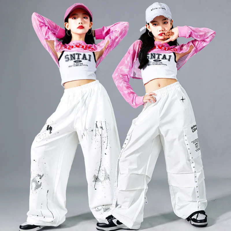 

Kid Hip Hop Clothing Pink Crop Top Tank White Casual Print Strap Rivet Cargo Pants for Girl Jazz Dance Costume Clothes Outfits