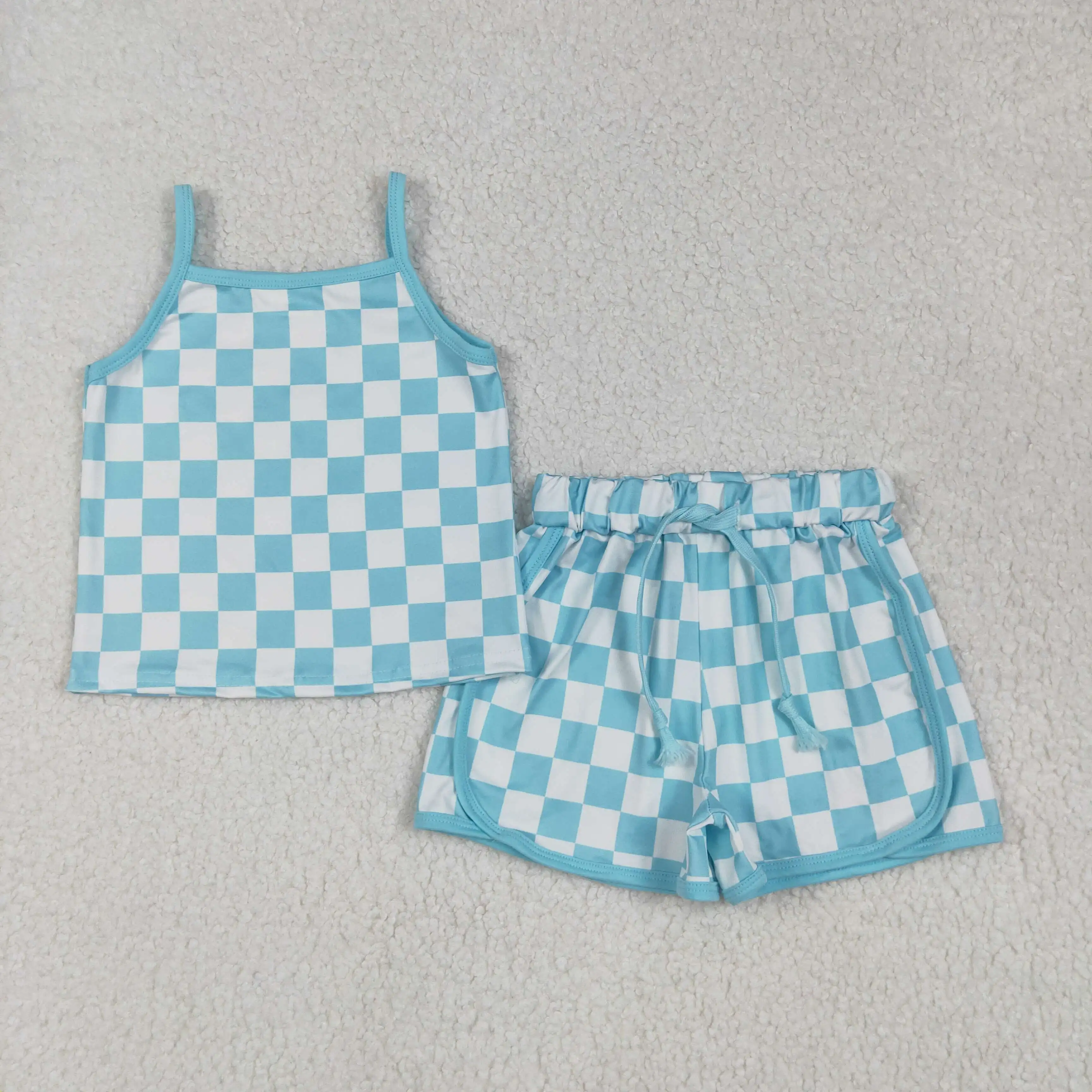 

New rts baby girls new summer clothing wholesale boutique blue and white plaid suspender shorts girl suit