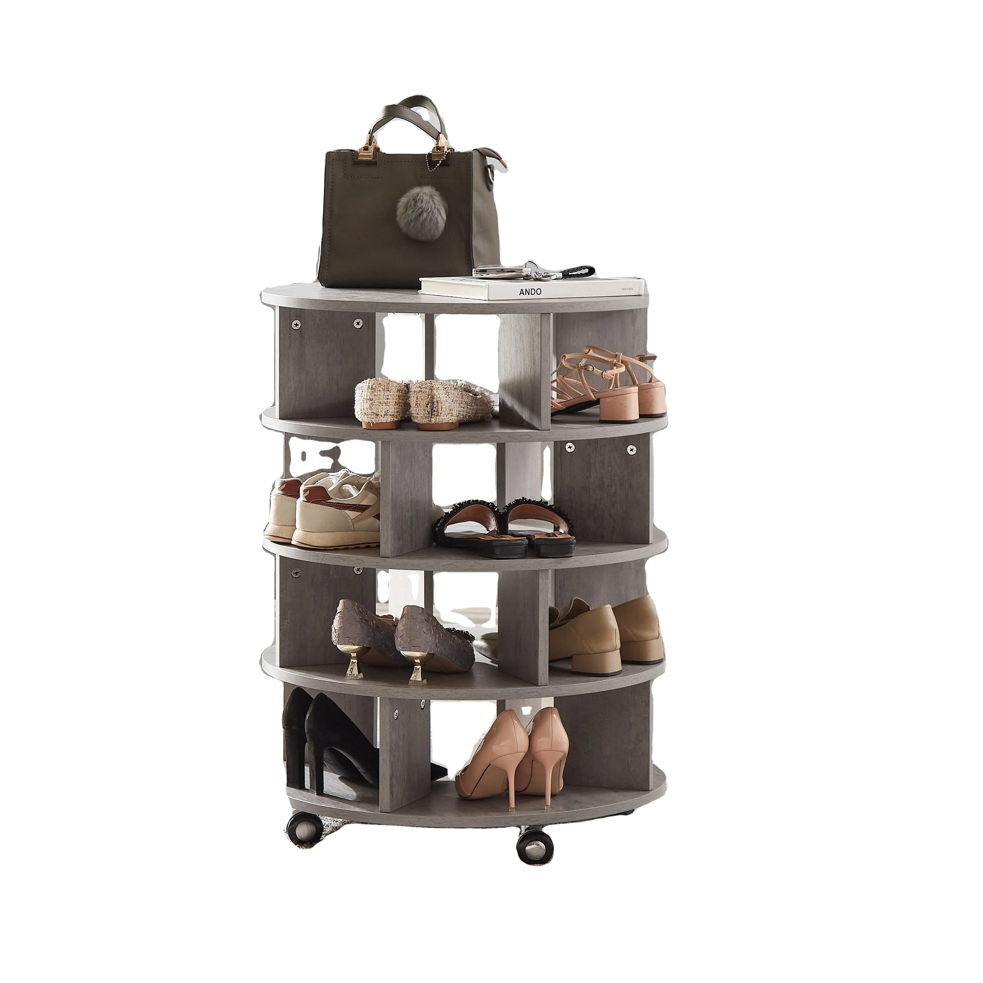 Modern Grey 4 Tier Revolving Shoe Storage Rack Round Wooden Shoe Cabinet on wheels for 16-20 pairs