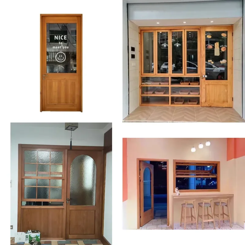 Solid Wood Commercial Glass Door Anti Theft Entrance for Coffee Dessert Shop Facade Storefront Double Leaf Security Entryway
