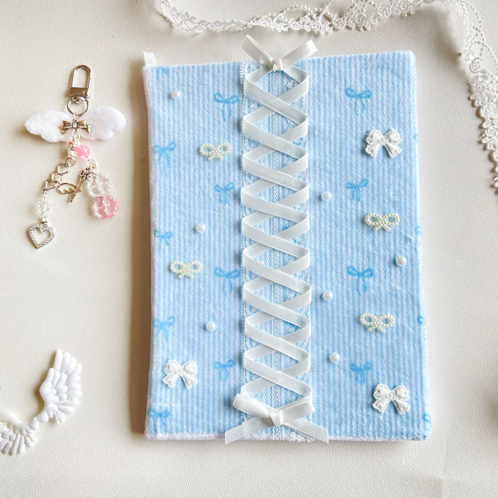A5 Aesthetic Journal Soft Blue Ribbon Decor Diary HardCover Embroidery Bow Pearls Handmade Fabric Notebook  with Charm 96 Pages