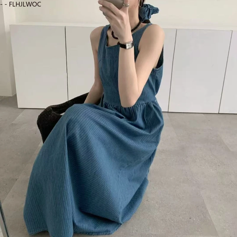 Algodão azul denim jean vestidos nova moda feminina 2025 verão data meninas rendas retro vintage listrado sem mangas colete vestido